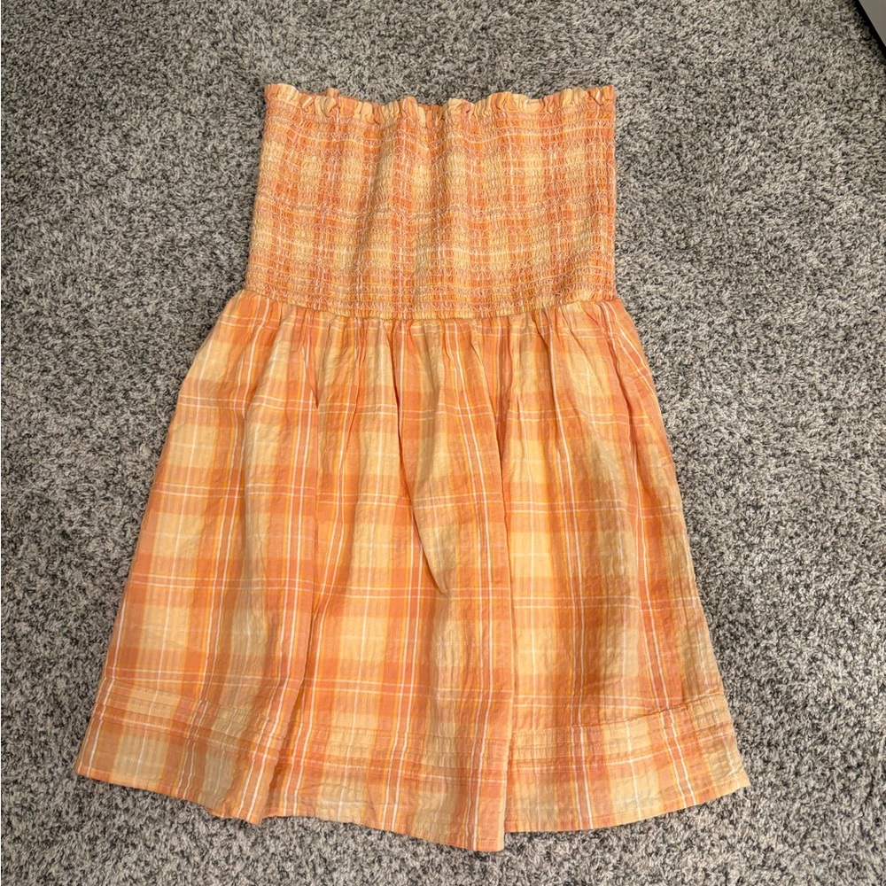 American Eagle Orange Plaid Strapless Dress